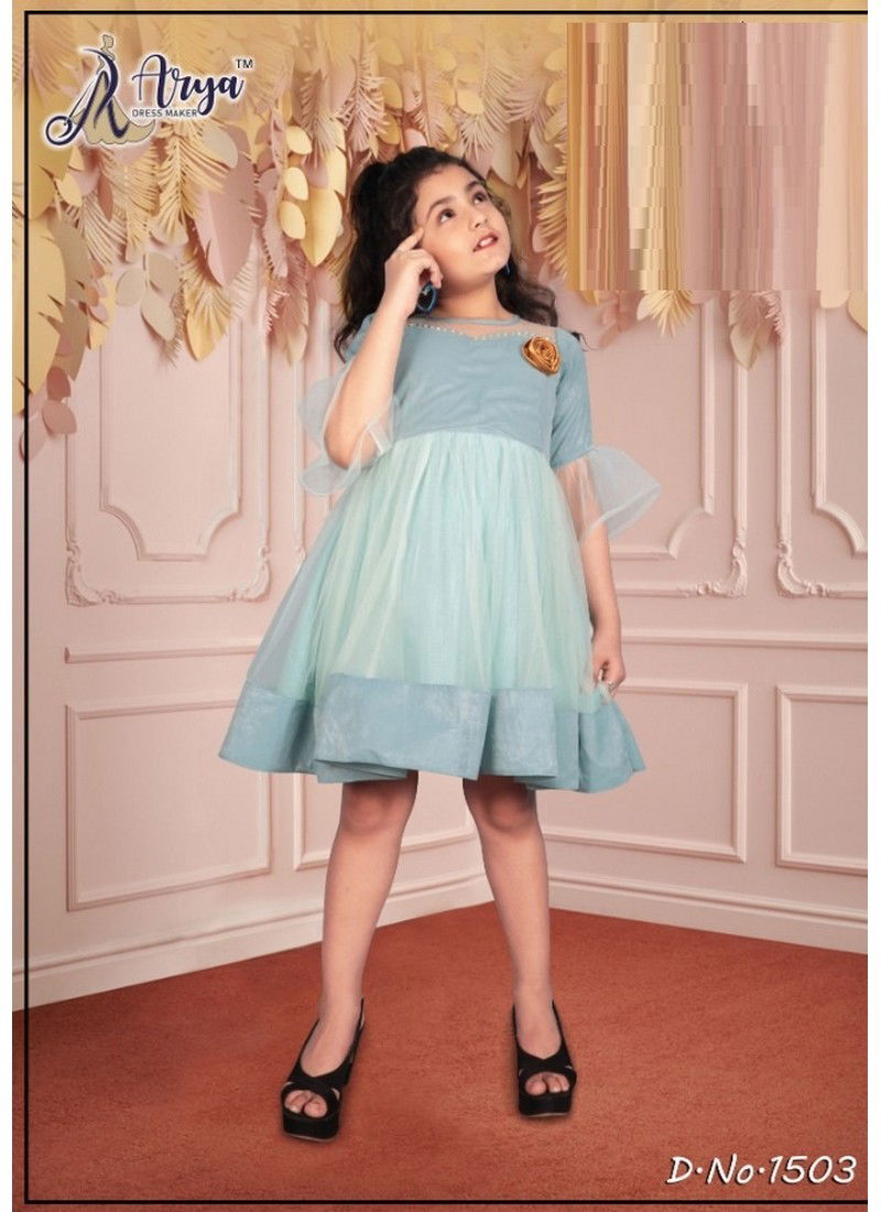 sky Blue Party Wear Cotton Velvet And Net Frock Collection 1503